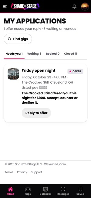 A performer’s applications on a phone: an offer from a venue that needs a reply