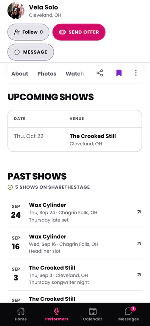 A performer’s public page on a phone with the shows they played on ShareTheStage