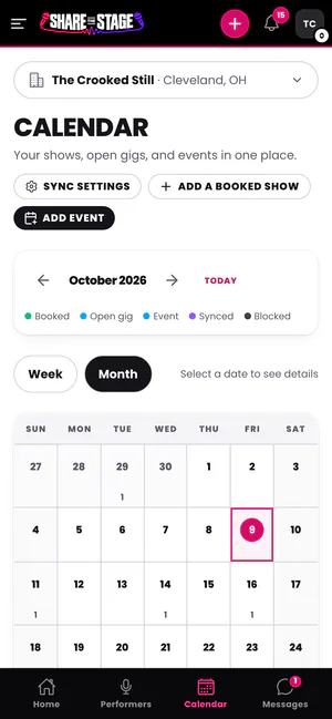 A venue’s calendar on a phone: the month’s shows and open gigs, and Add a booked show