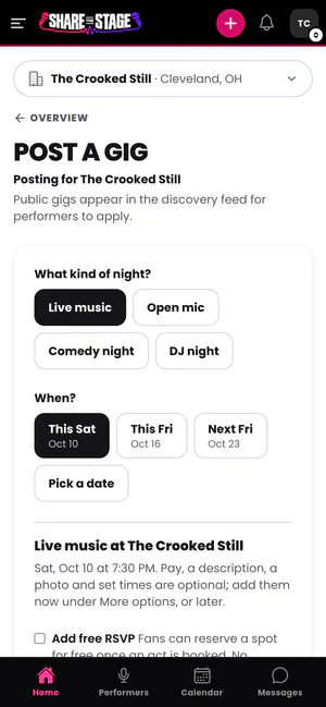 Quick post on a phone: the kind of night and the date, then Post it